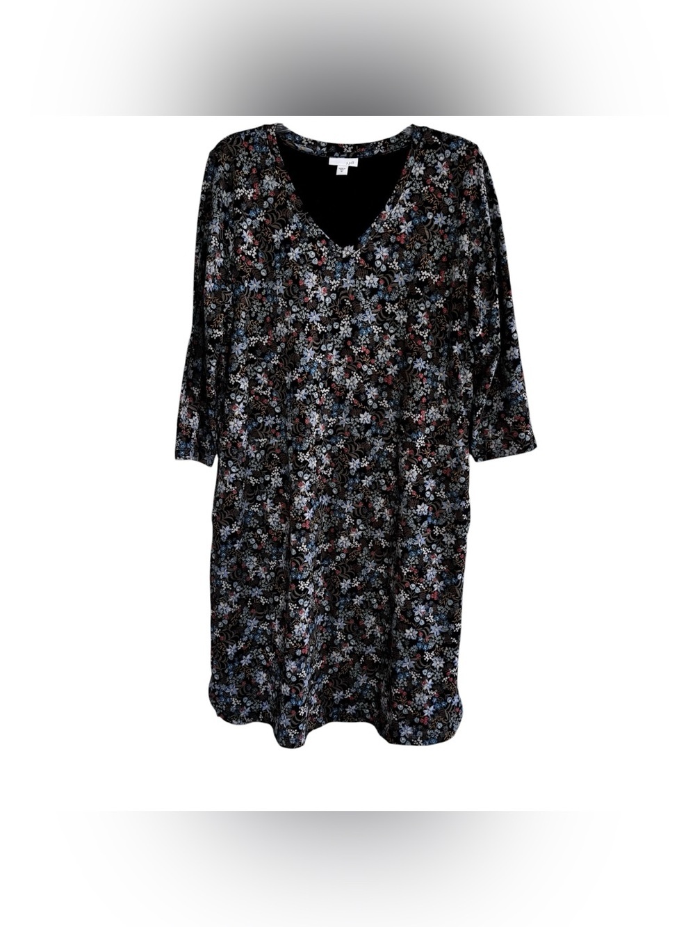 J. Jill Ditsy Floral V-Neck Jersey Knit Shift Dress Botanical Cottage Modest M
